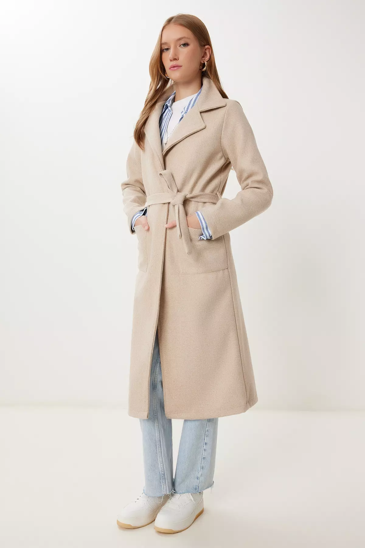 Women's Beige Double Breasted Collar Belted Cashmere Coat Mx00253