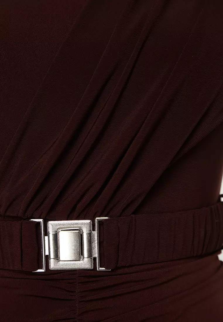 Fitted/Sticky Collar Knitted Dress with Draping and Belt