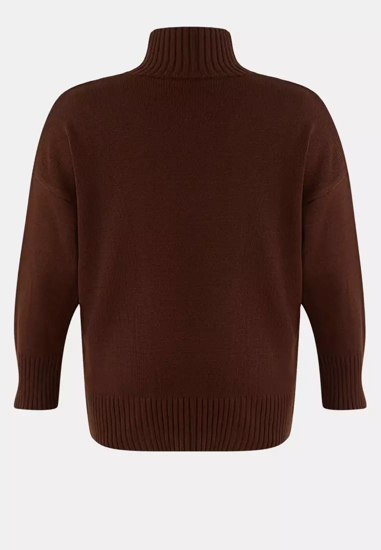 Brown Turtleneck Off-Shoulder Knitwear Sweater