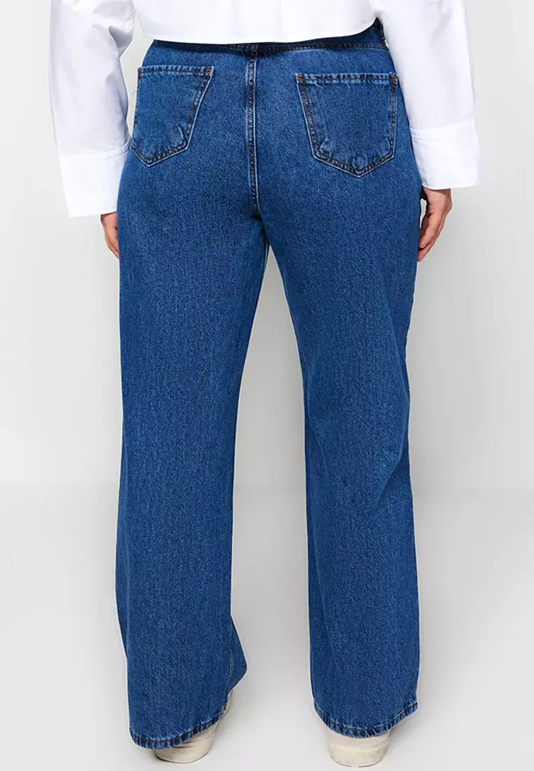 Buy Trendyol Plus Size Dark Blue High Waist Ribbed Wide Cut Jeans Online