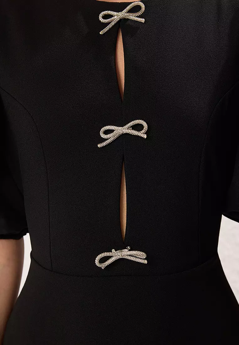 Black A-Line Bow Knitted Elegant Evening Dress Graduation Dress TPRSS25EL00234