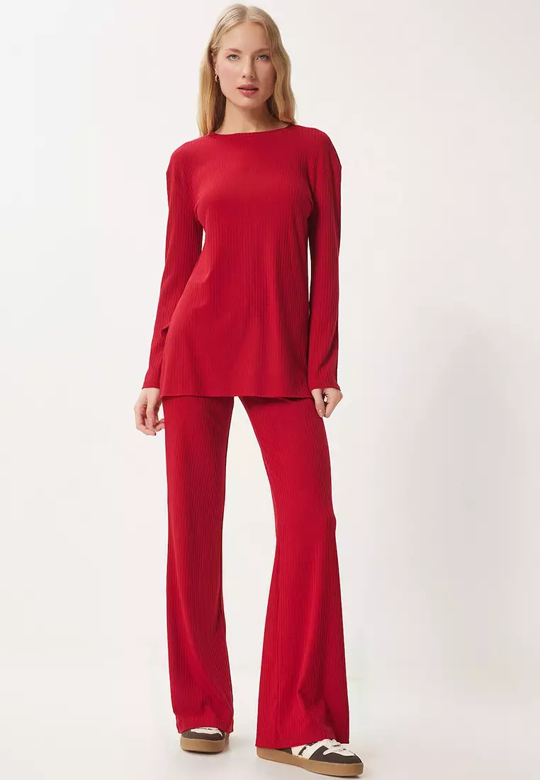 Comfortable Ribbed Knitted Blouse Trousers Set