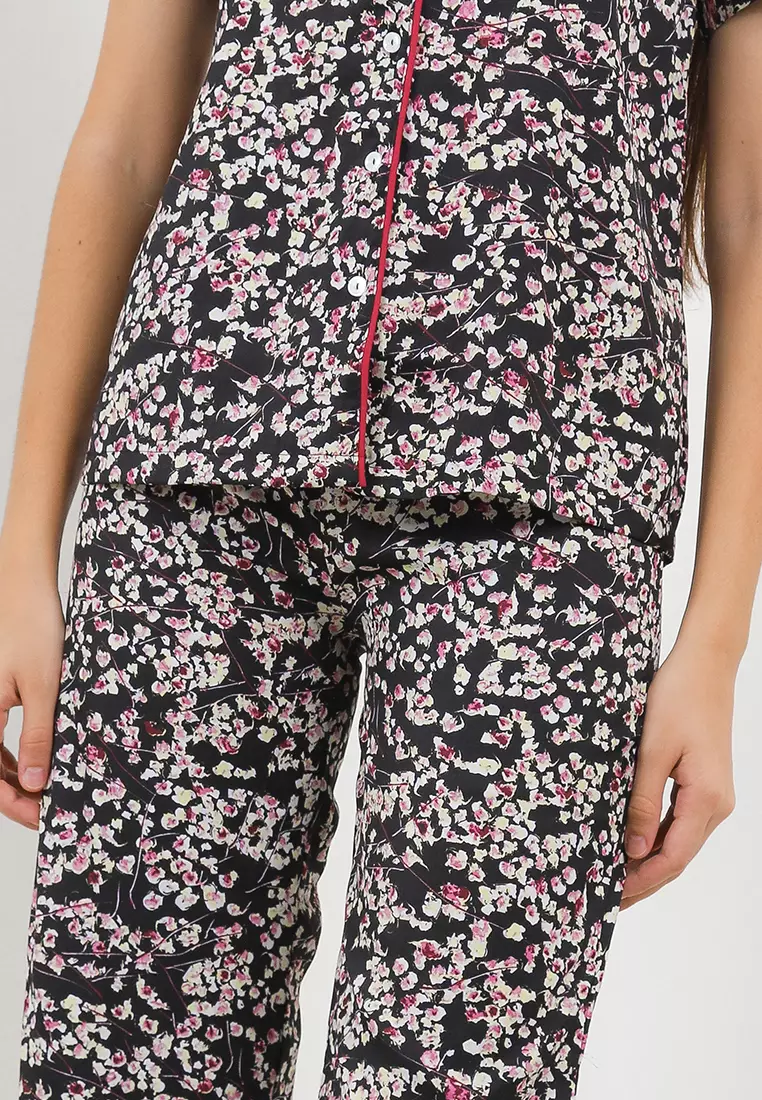 Piyama Pijama Baju Tidur Satin Silk Short Sleeve Long Pants Sleepwear