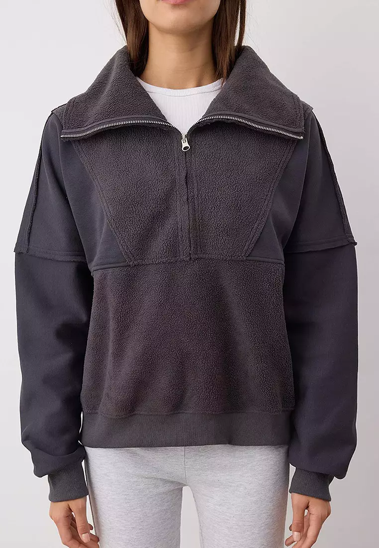 Anthracite Regular/Normal Pattern Polar Fleece Zippered Pocket Detailed Thick Knitted Sweatshirt