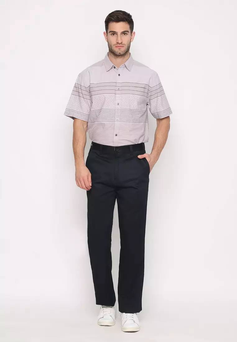 POLICE Celana Panjang Semi Formal Corak Katun Biru Tua Pria