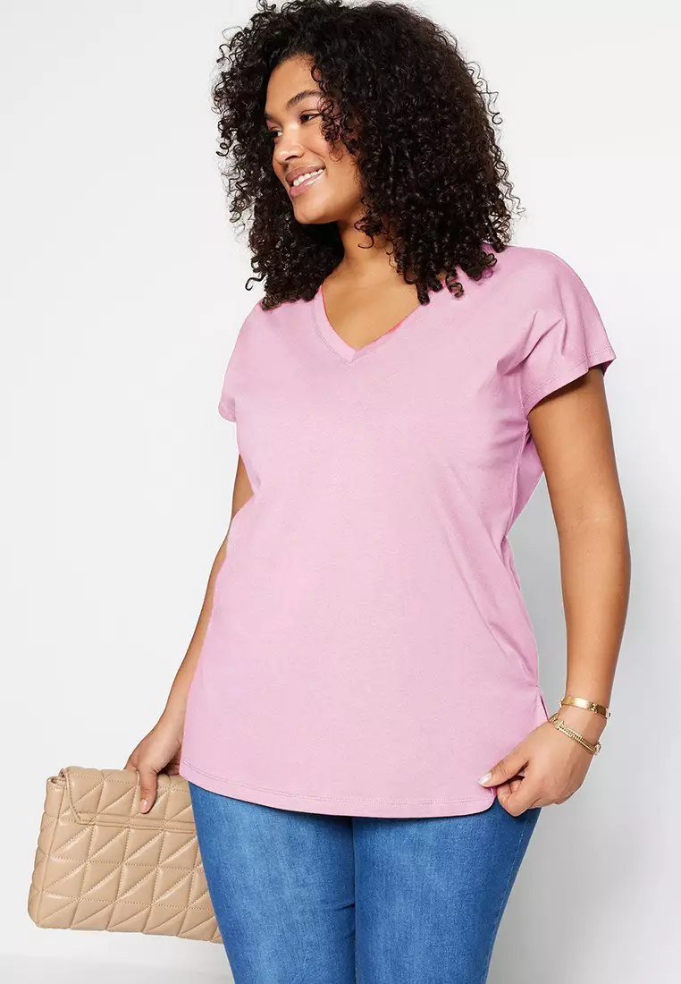 Pink Boyfriend V Neck Slit 100% Cotton Knitted T-Shirt TBBSS22BF0036