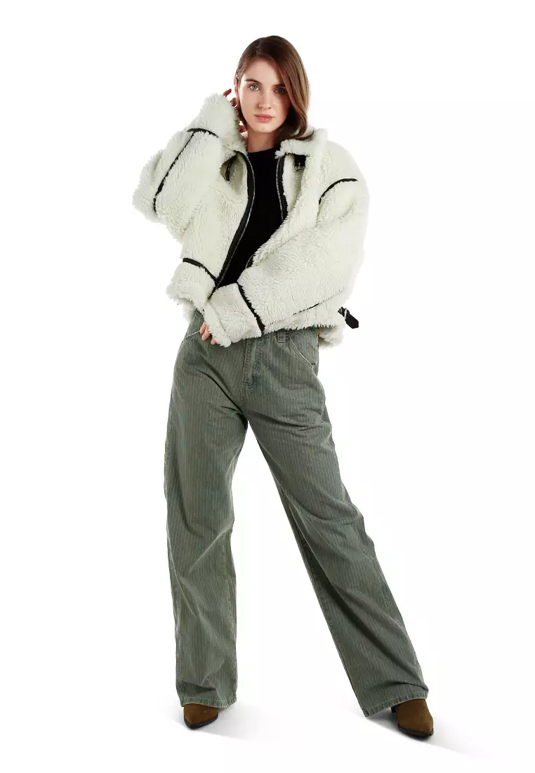 Faux Shearling Aviator Jacket in Cream