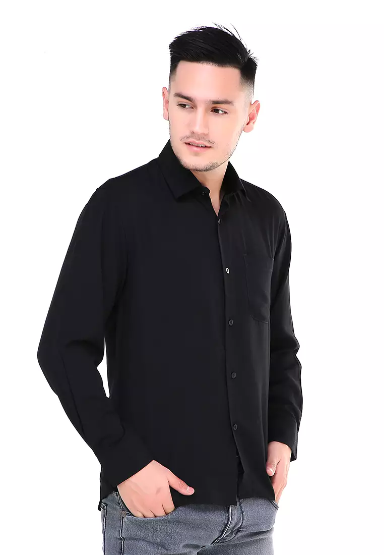 Dwan Atasan Kemeja Pria Formal Casual Longsleeve Plain Shirt Material Cotton ORIGINAL - Black