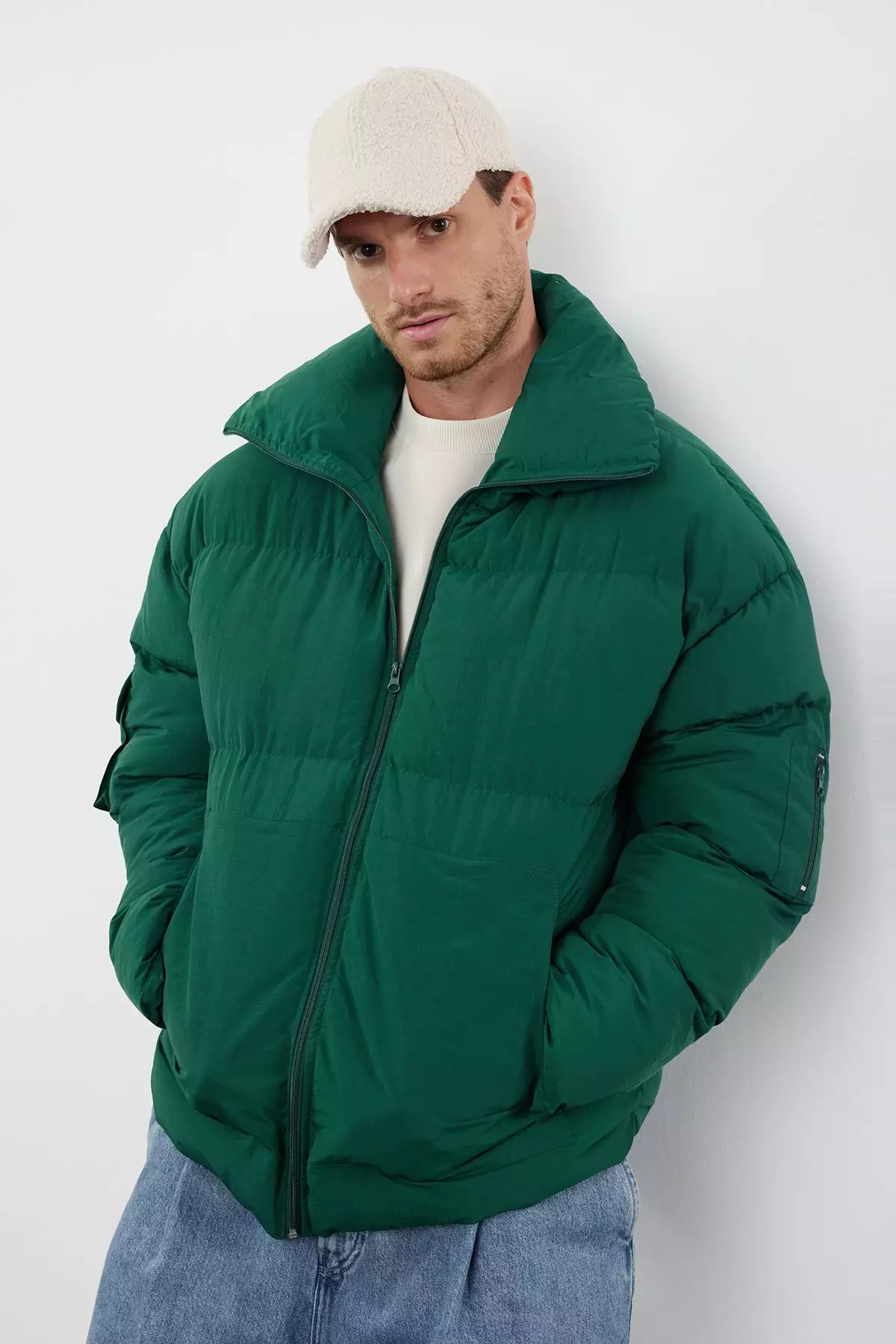 Unisex Green Taslan Relaxed Fit Winter Puffer Coat TMNAW25MO00007