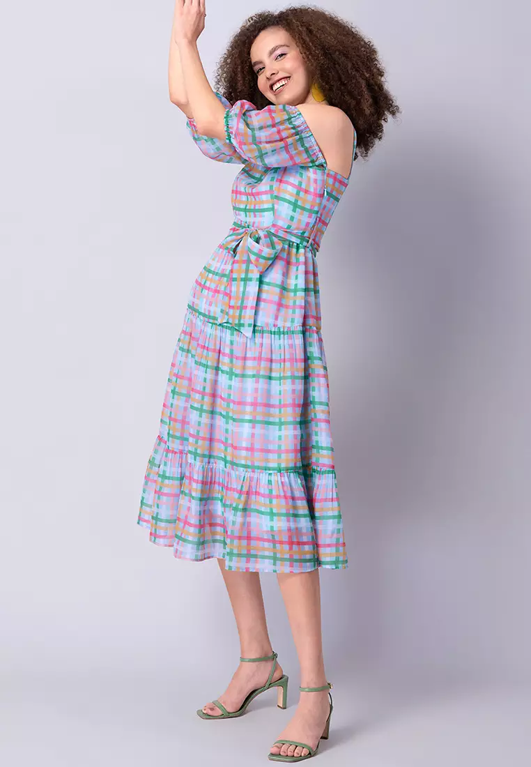Multicolored Checked Cold Shoulder Midi Dress