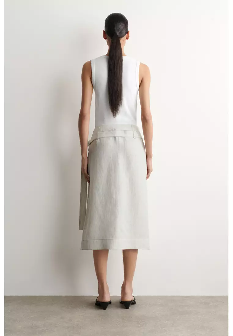 BELTED PLEATED LINEN MIDI SKIRT