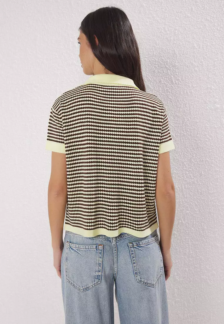 Yellow Polo Collar Striped Knitwear Medium Blouse Twoss25Bz00183