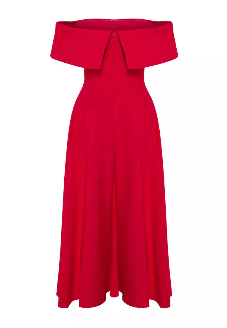 Red Collar Detail A Line Stylish Evening Dress