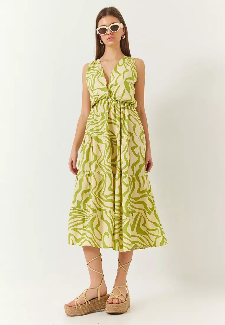 Women's Double Breasted Neckline Elastic Waist Back Rope Tie Print Dress 60261428