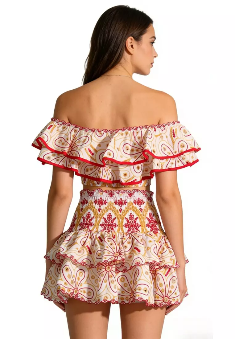 Off Shoulder Eyelet Embroidery Two-Piece Set CA26022443RD