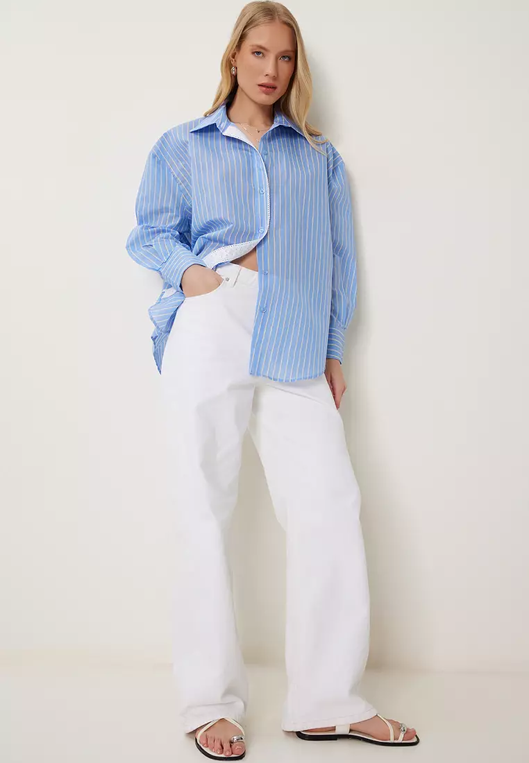 Women's Sky Blue Lace Detailed Striped Oversize Shirt Rv00210