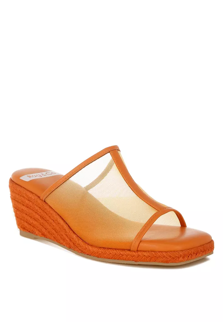 Sepatu Wedges Slip-On Mesh Bernapas Warna Oranye