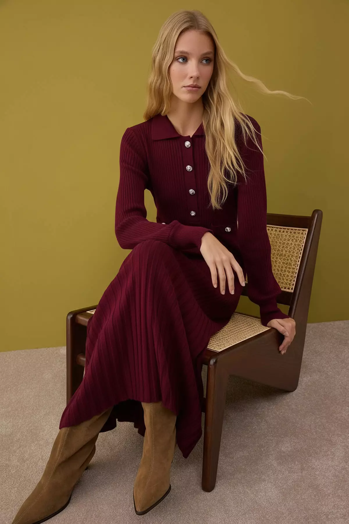 Burgundy Unlined Plain Knitwear Ribbed/Camisole Hijab Dress Tctaw26Eb00012