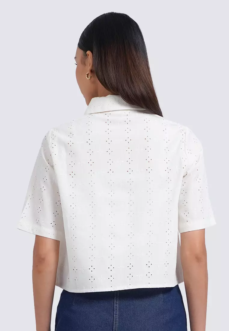 Eyelet Short Sleeve Crop Blouse OFF WHITE