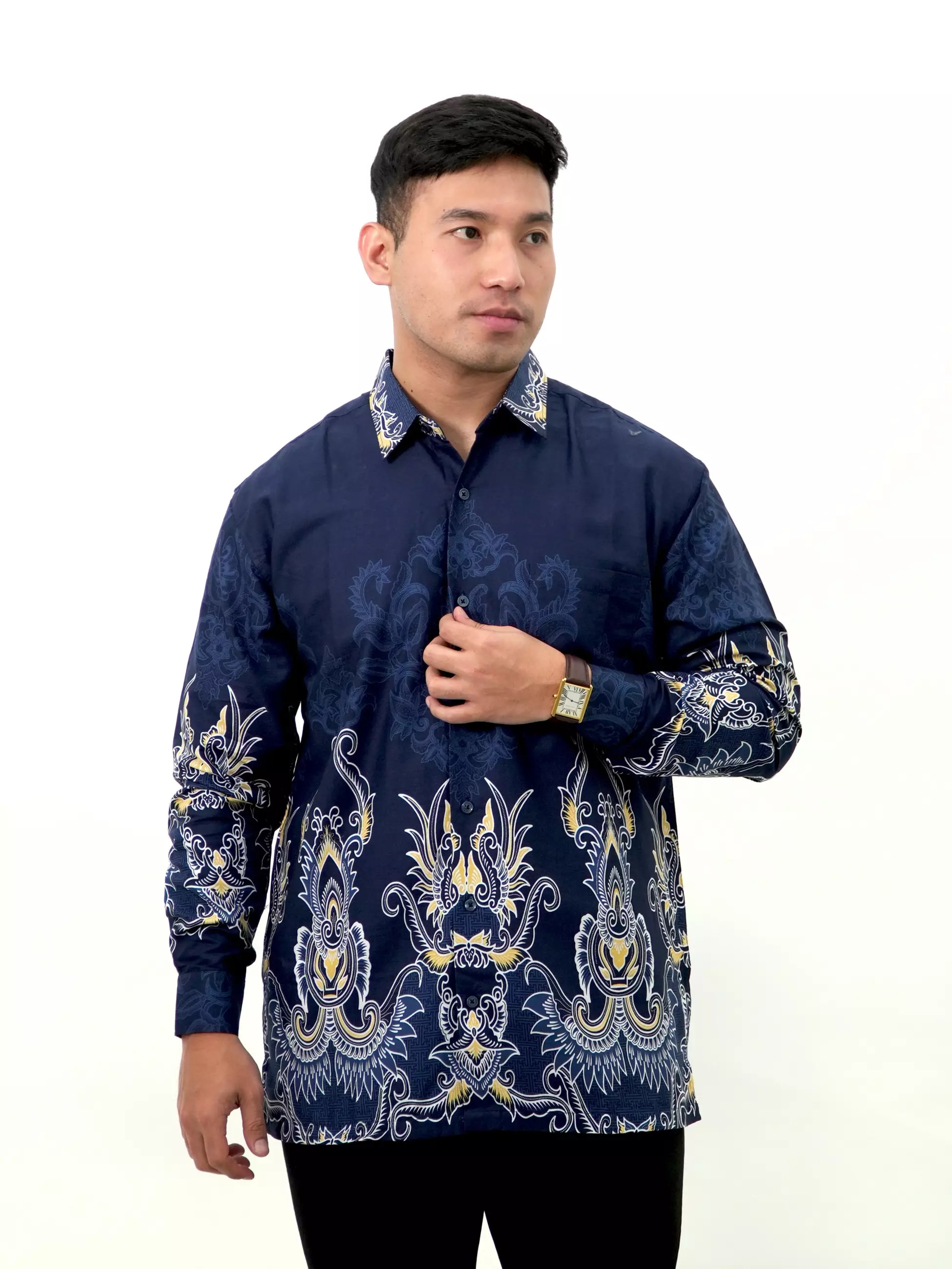 Kemeja Batik Lengan Panjang Navy Kuning 16774