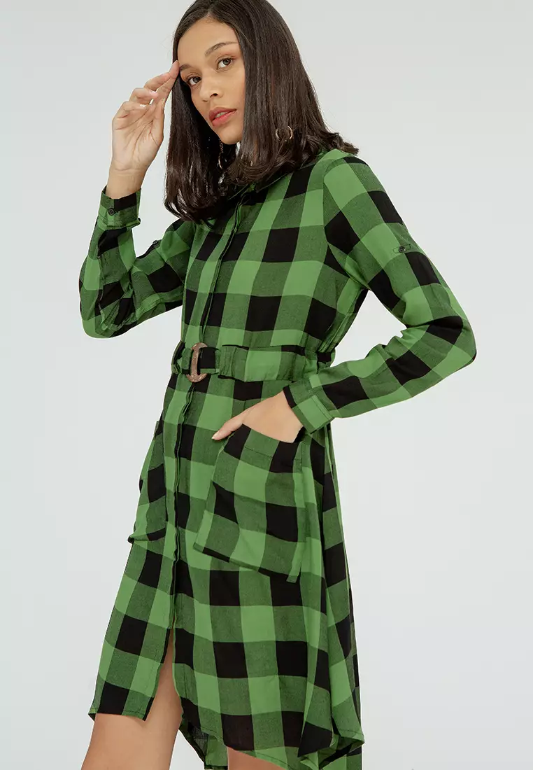 Green Plaid Shirt Dress