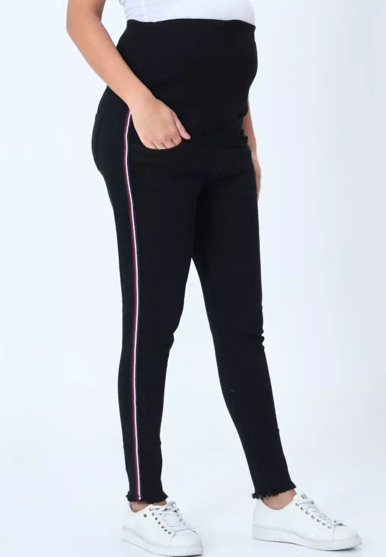 Distress Taped Maternity Denims with Belly Support-Black