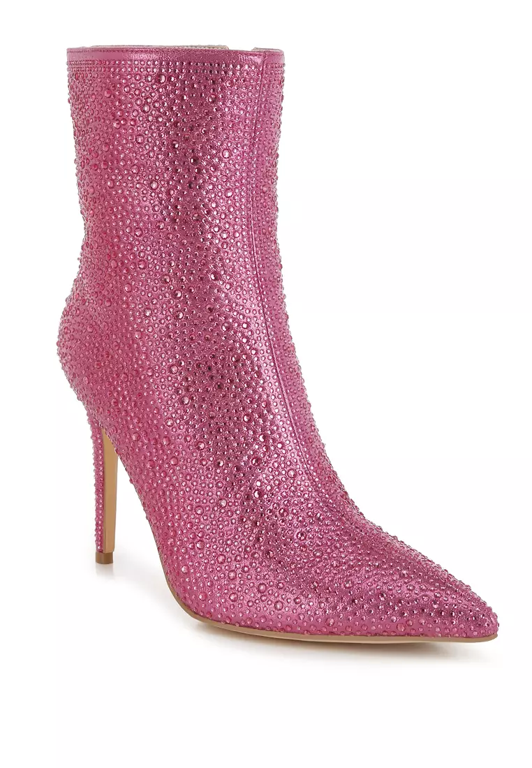 Rhinestones Embellished High Ankle Boots in Pink