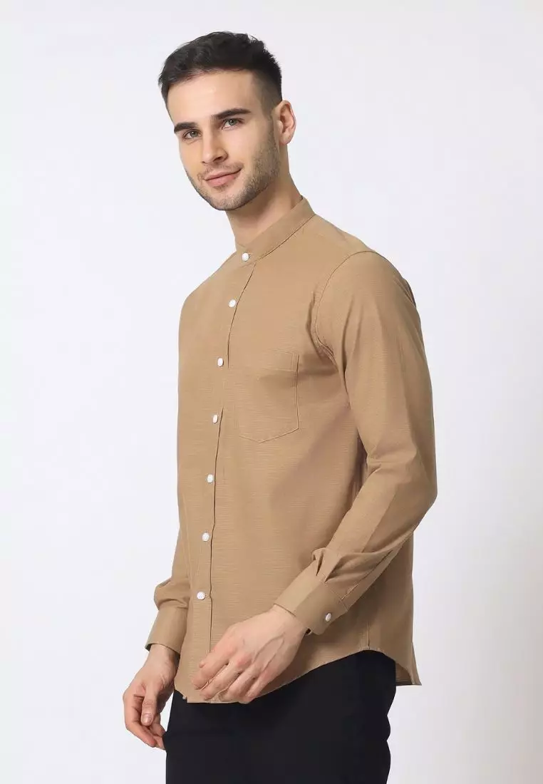 Cotton Well Moeen Shirt Brown | Kemeja Koko Oxford Slub Lengan Lengan Panjang Coklat