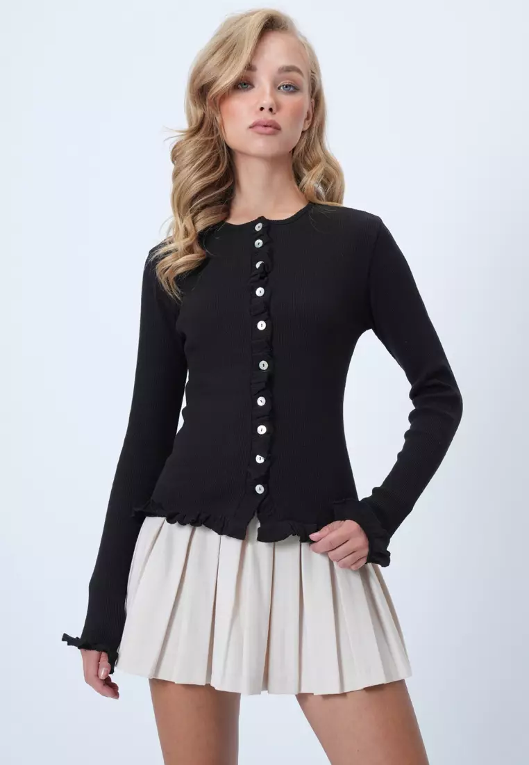 Women's Black Crew Neck Ruffle Detailed Buttoned Front Knitted Blouse Alc-X14533