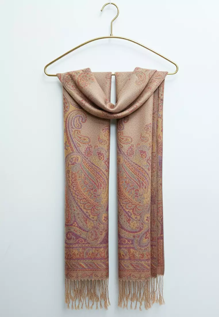 Hijab Pashmina Wanita Reversible Viscose Paisley Full  Pattern Pashmina Shawl Syal Wanita Burnt Peach