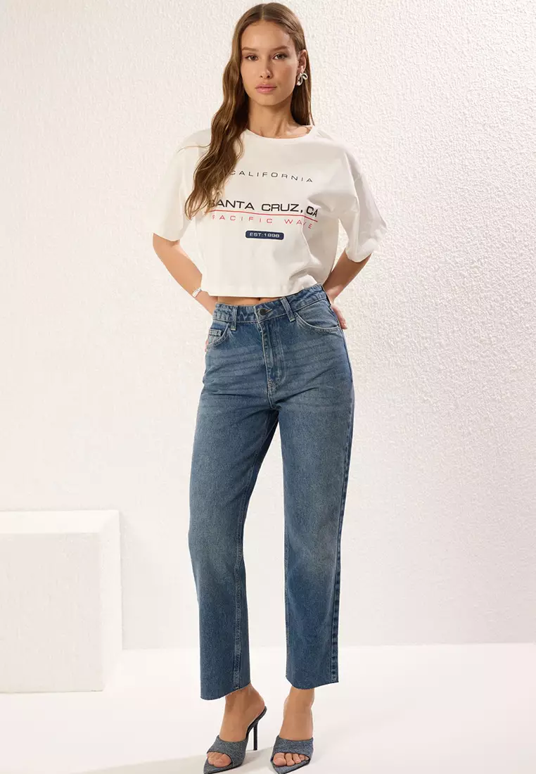 Blue Leg Cutout High Waist Straight Jeans Twoaw25Je00307