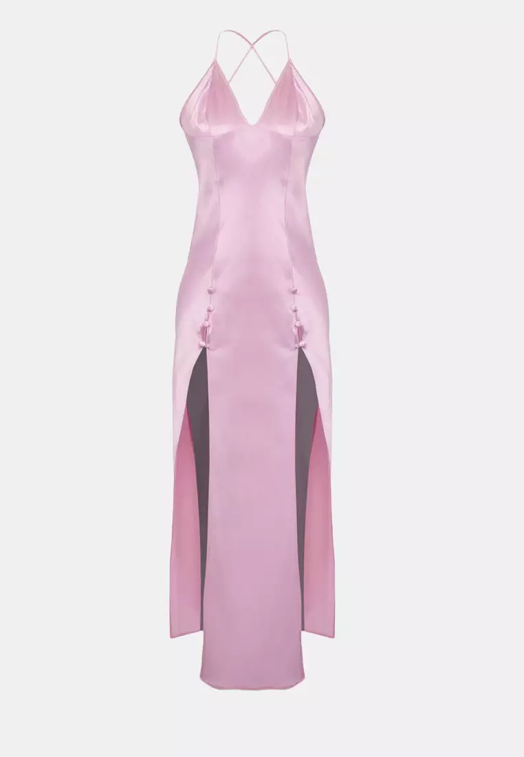 Pink Slit And Button Detailed Strap Satin Woven Nightgown Thmaw26Gc