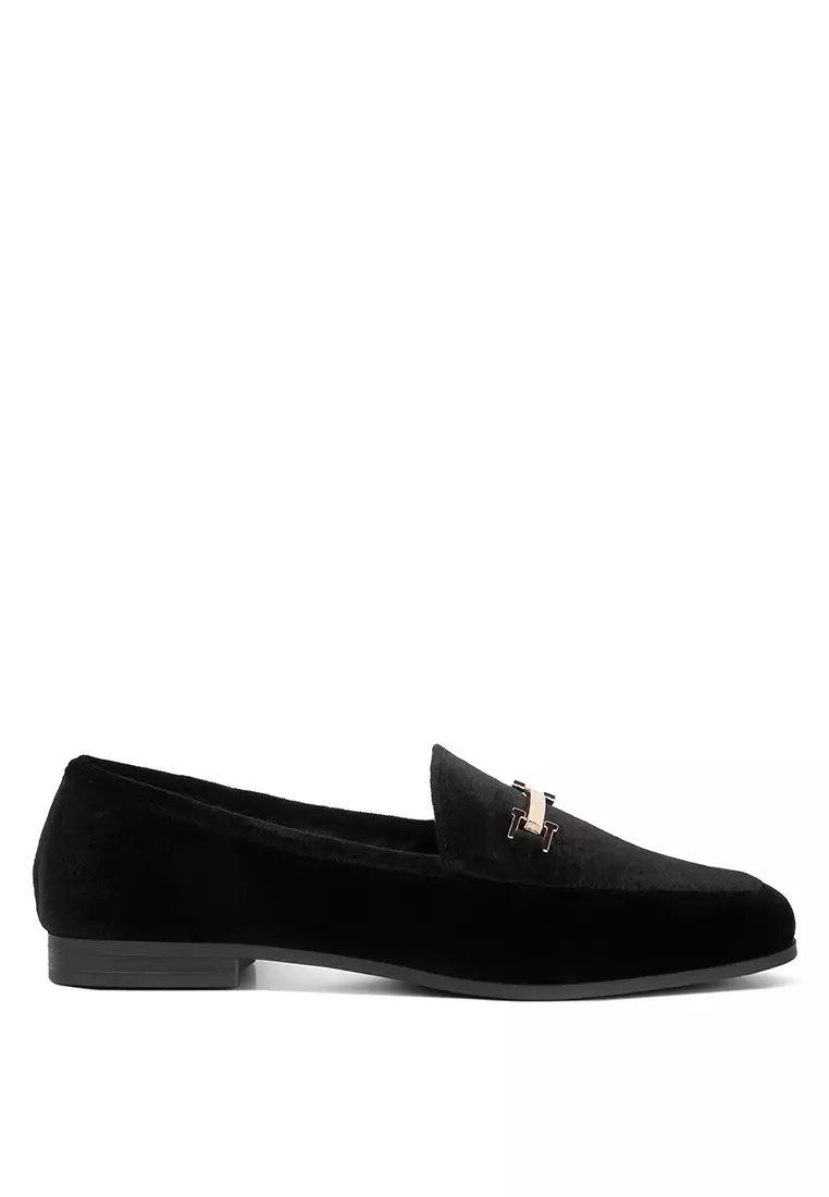 Buy London Rag Black Horsebit Embellished Velvet Loafers 2024 Online ...