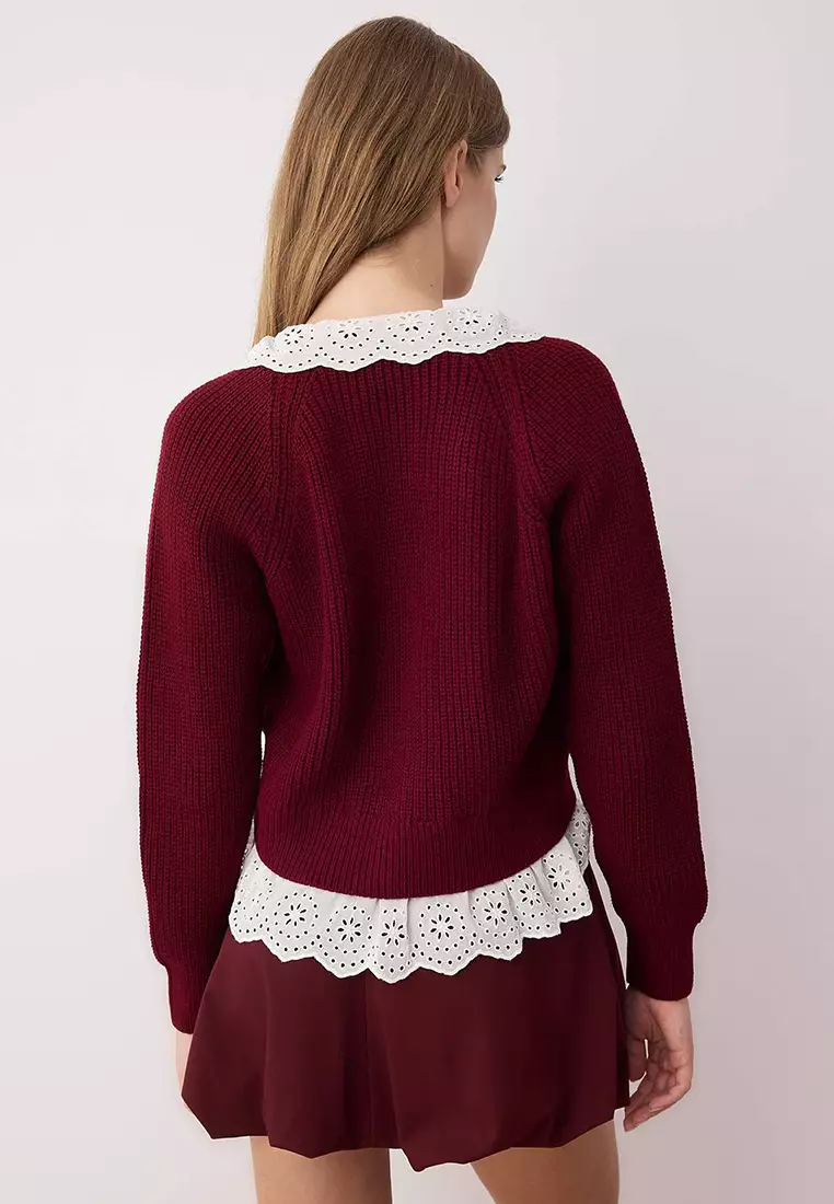 勃艮第酒紅 短版恤衫 綴飾細節 V領 針織外套