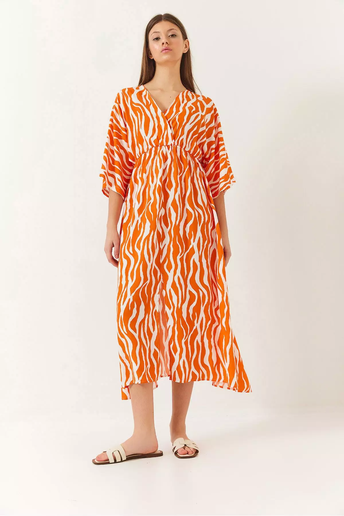 Women's Double Breasted V Neck Front Slit Detail Print Dress 60261411