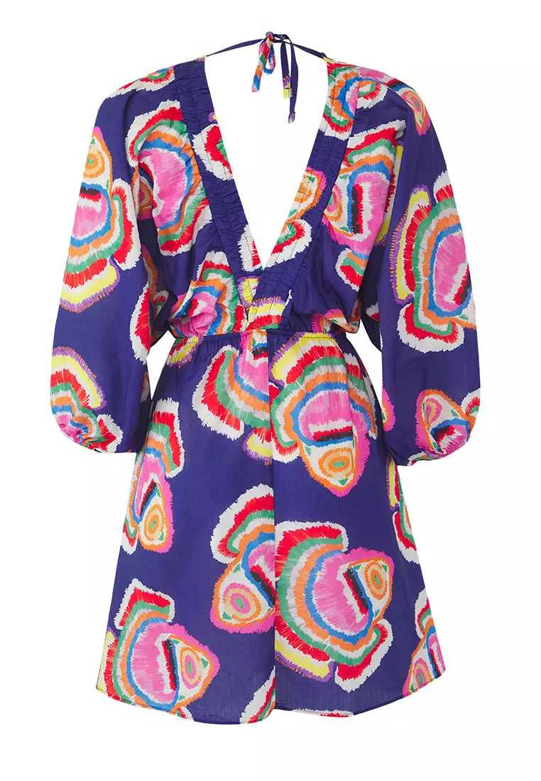 Underwater Pattern Mini Woven Balloon Sleeve 100% Cotton Beach Dress Tbess25El00082