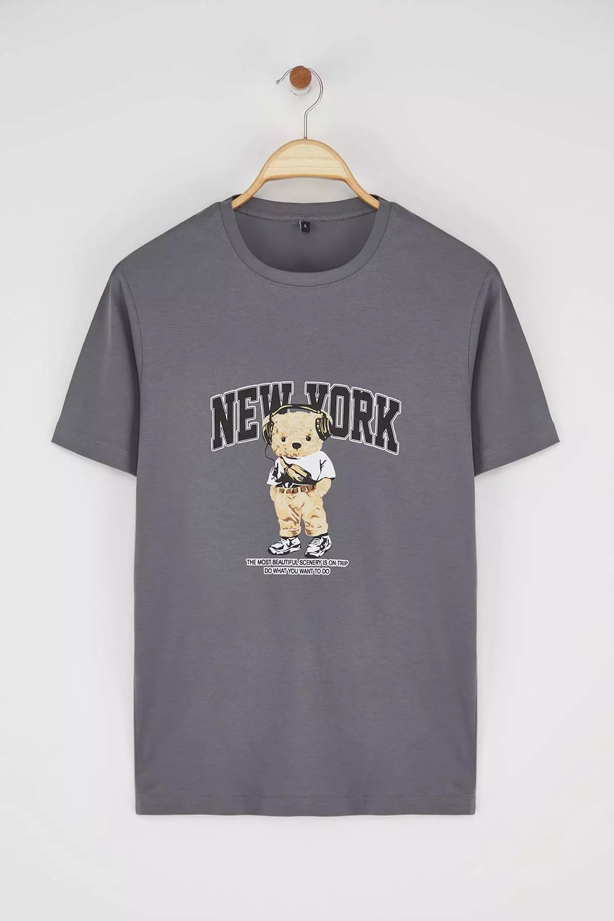 Gray Slim/Fit New York Teddy Bear Printed Cotton T-Shirt Tmnss25Ts00183