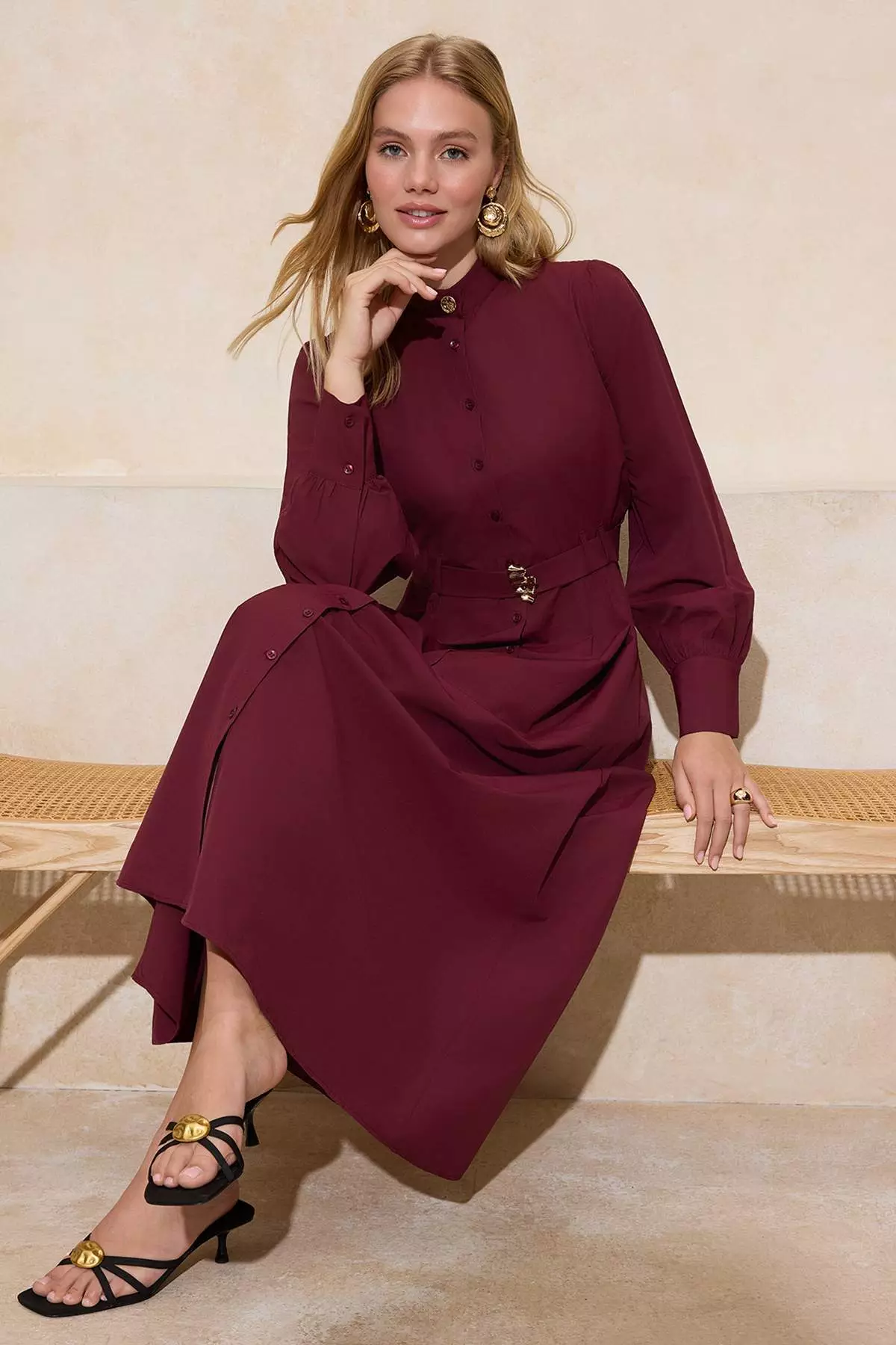 Buy Trendyol Burgundy Gold Belt Buckle Cotton Dress Tctss26Eb00005 2026  Online | ZALORA