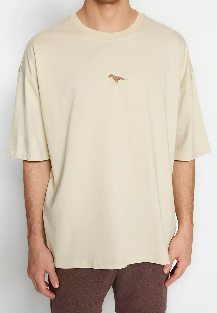 Crew Neck Short Sleeve Dinosaur Embroidered T-Shirt