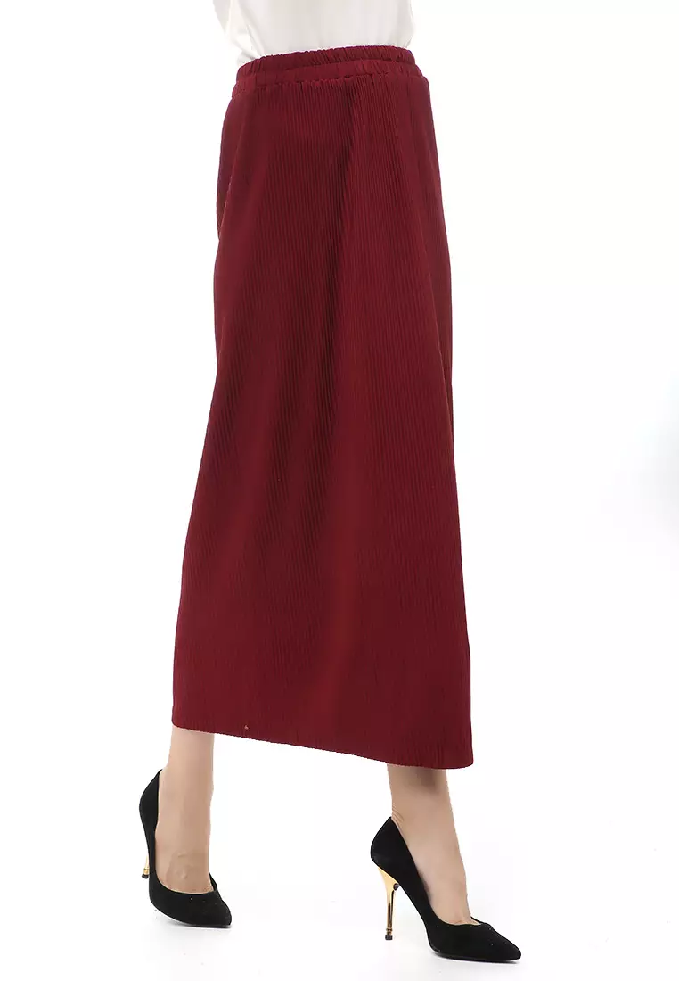 Rok Span Bawahan Wanita Motif Salur Skirt Rubbery Waist Casual - Maroon