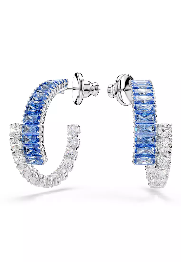 Matrix hoop earrings, Mixed cuts, Blue, Rhodium plated