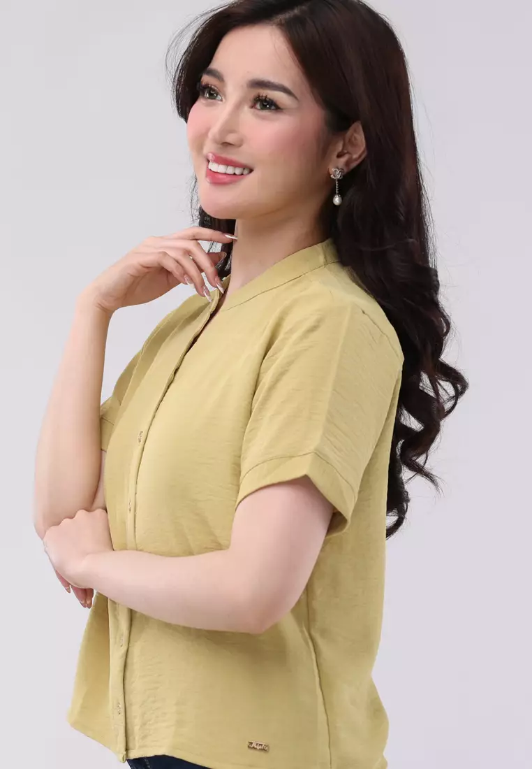 Linen Wrinkles Short Sleeves Chinese Collar Blouse