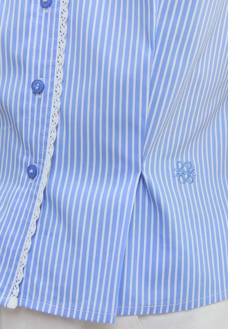 Lace Trim Stripe Fitted Blouse - Blue