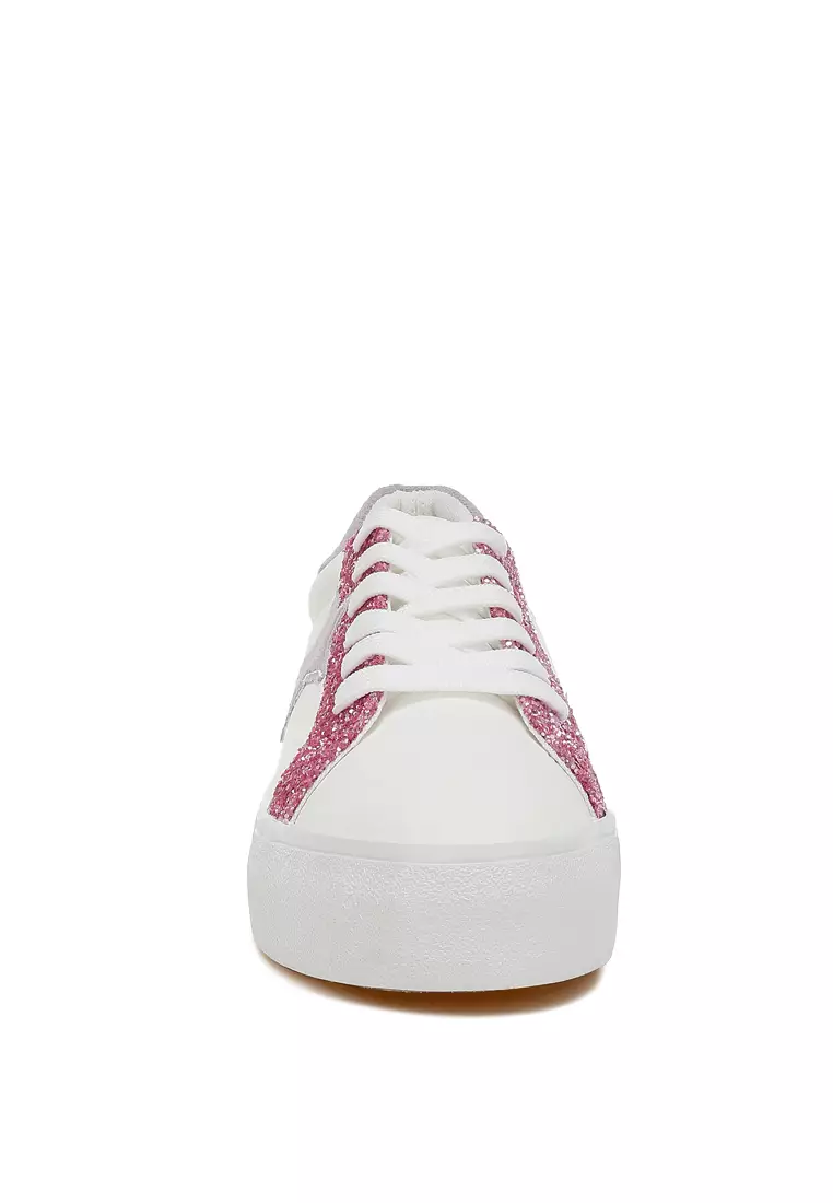 Metallic Star Glitter Sneakers in White Pink