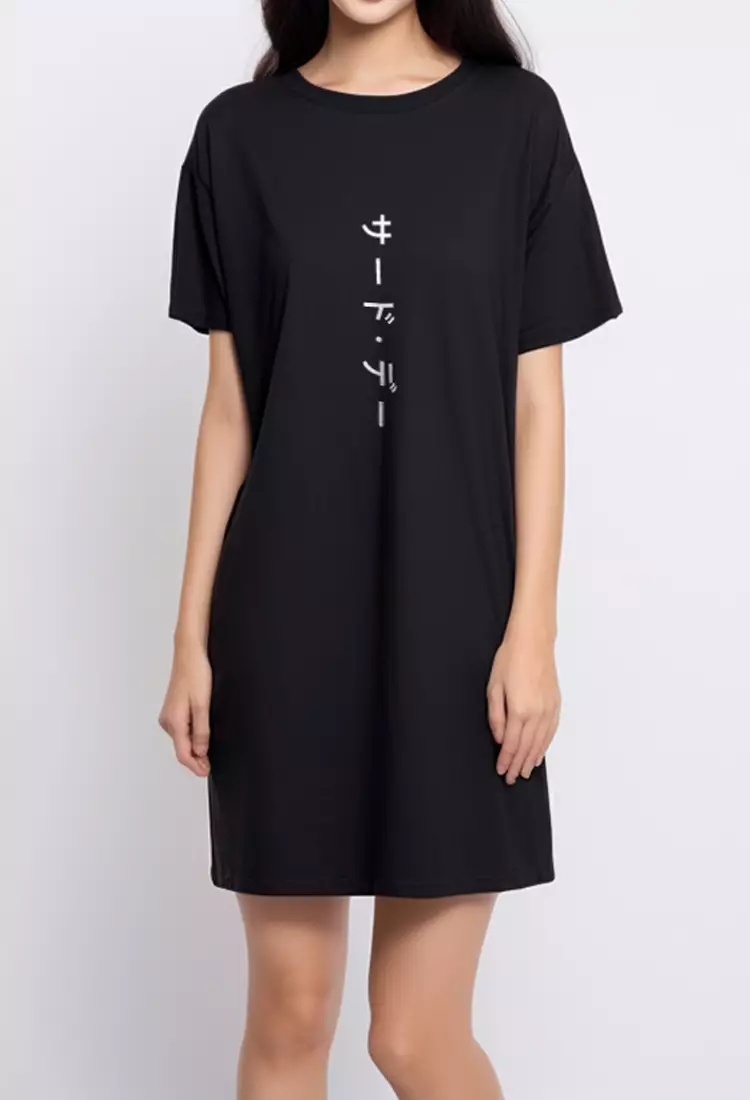 LTB52F Dress Kaos Casual Bold Katakana Vert Hitam