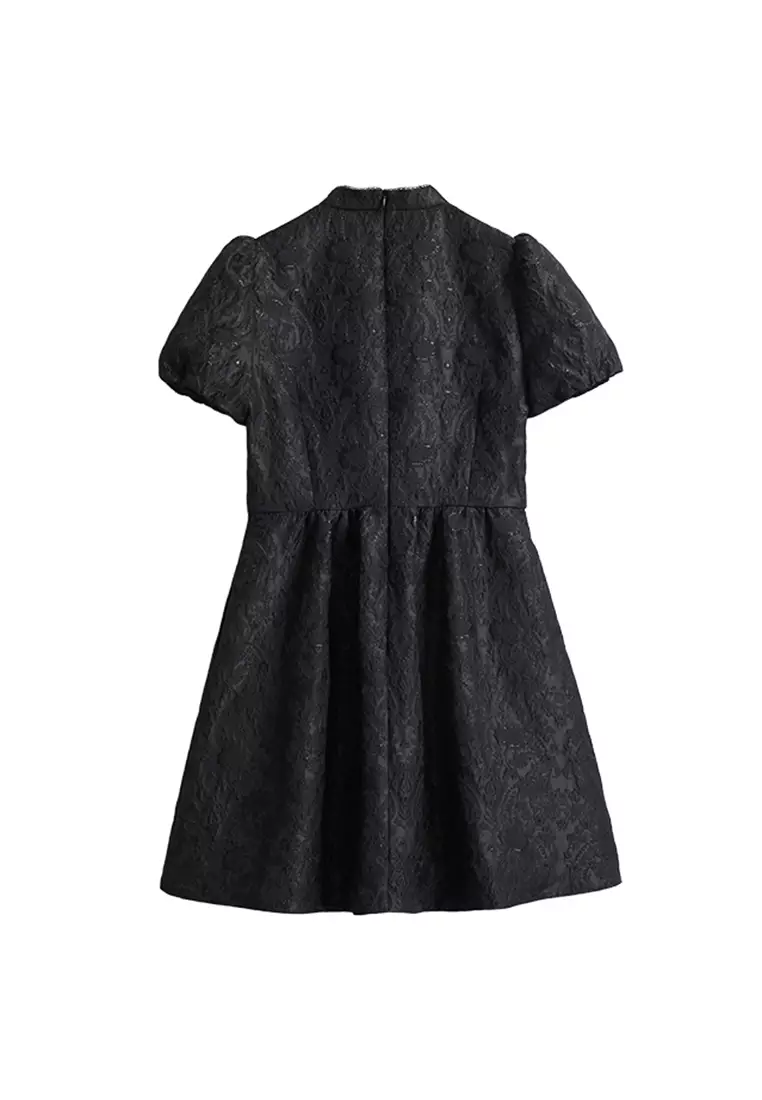 Short-Sleeve Mandarin Collar Midi A-Line Dress