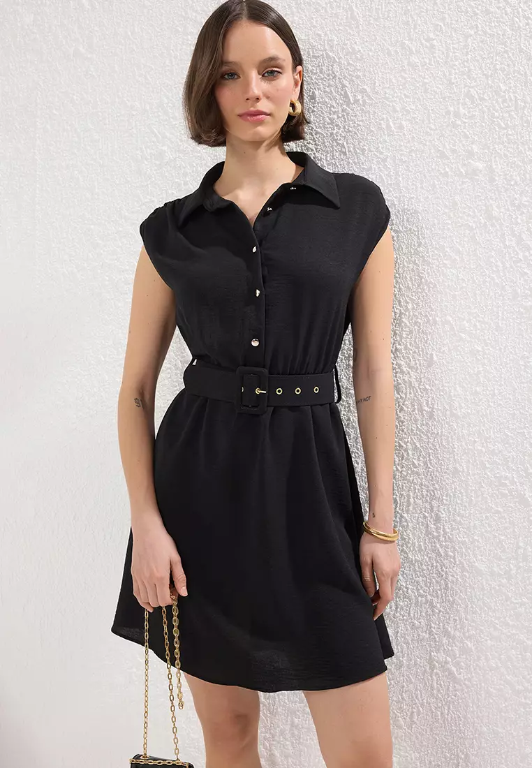 Black Belted Plain A Cut Half Placket Mini Woven Dress TWOSS25EL00551
