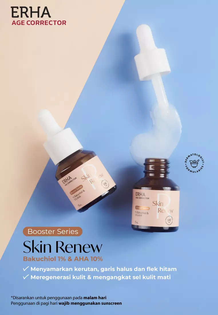 Erha Age Corrector Skin Renew Booster 15ml - 1% Bakuchiol & 10% AHA Booster Anti Aging | Alternatif Vegan Retinol | Meregerenasi Meremajakan Kulit | Menyamarkan Tanda Penuaan | Mencerahkan | Kolagen | Gentle untuk Kulit Sensitif