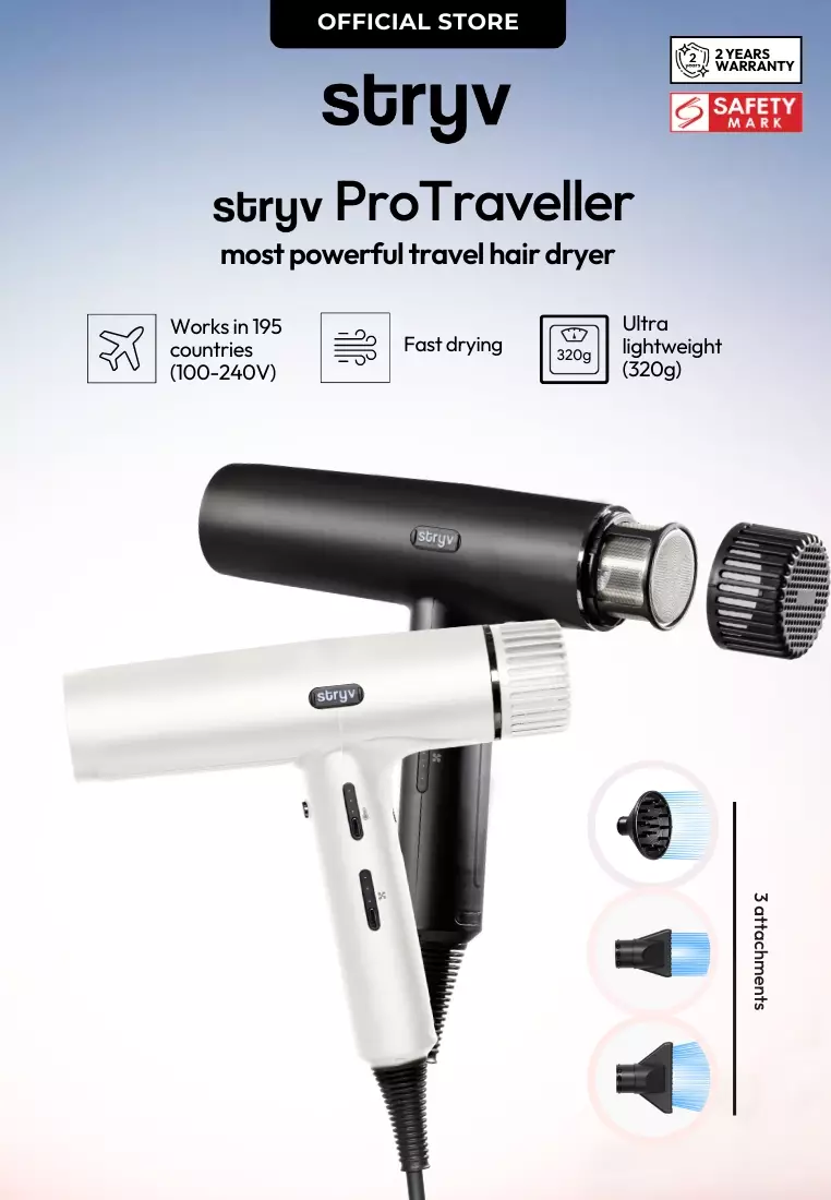 ProTraveller Hair Dryer - Black / Travel-Friendly / Lightweight / Fast Drying - Free 3 Travel Adaptors