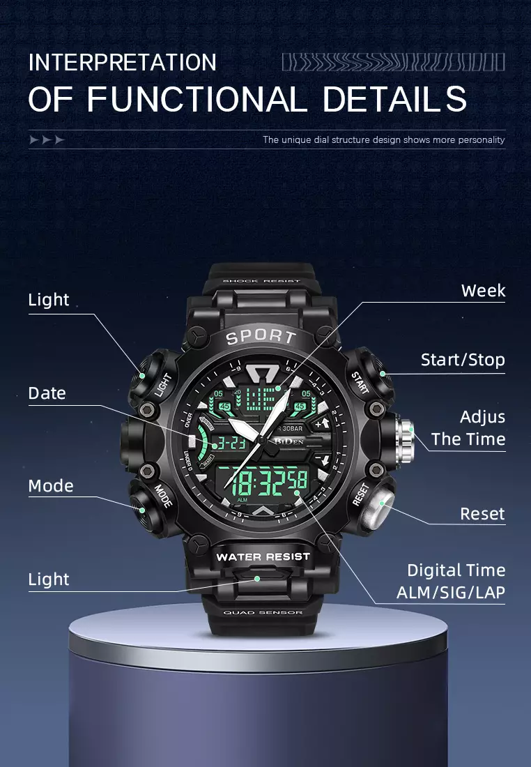 Jam Tangan Pria Digital Anti Air Original Olahraga Multifungsi Bercahaya Alarm Jam Tangan Cowok black